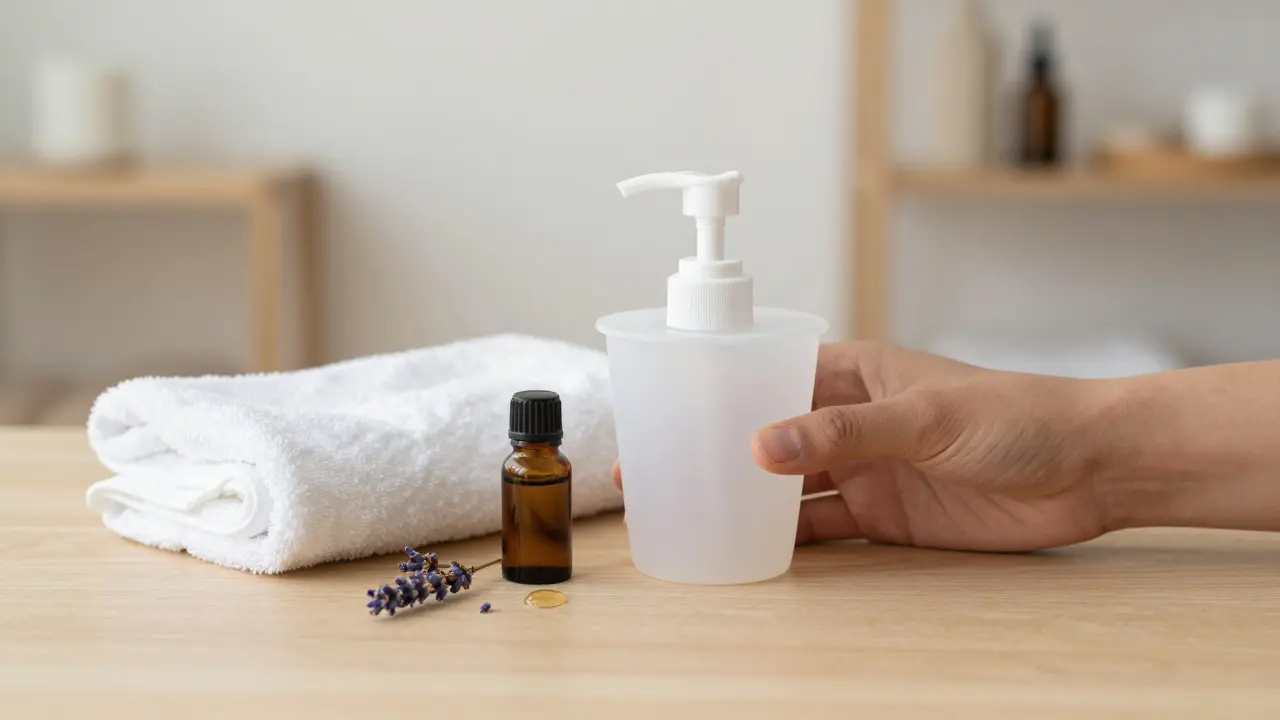 Silicone cup and hand pump resting on a towel beside essential oils for home use.
