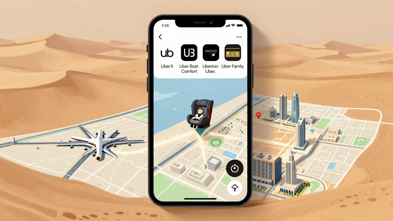 Smartphone screen showing Uber app options with icons for child seat, payment, and map over a stylized Dubai map.