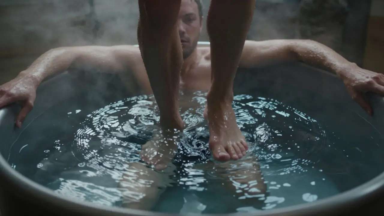 Someone stepping into a cold plunge tub with mist rising from the water.