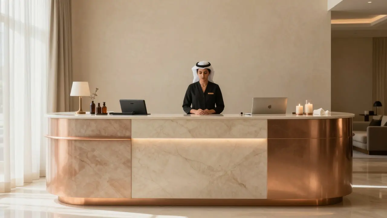 Spa reception desk in modern Dubai hotel setting