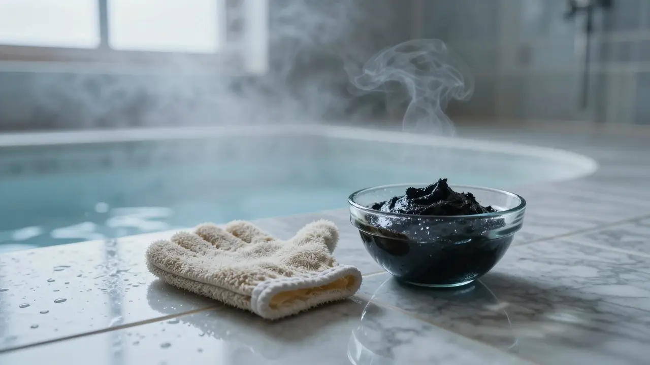 Steamy hammam room with soap jar and glove.