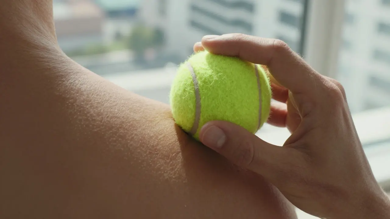 Tennis ball pressing into shoulder muscle knot with natural light