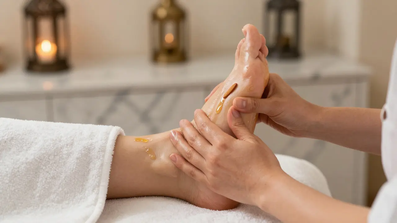 Therapist's hands massaging a foot with warm oil, towel draped over legs in a serene spa setting.