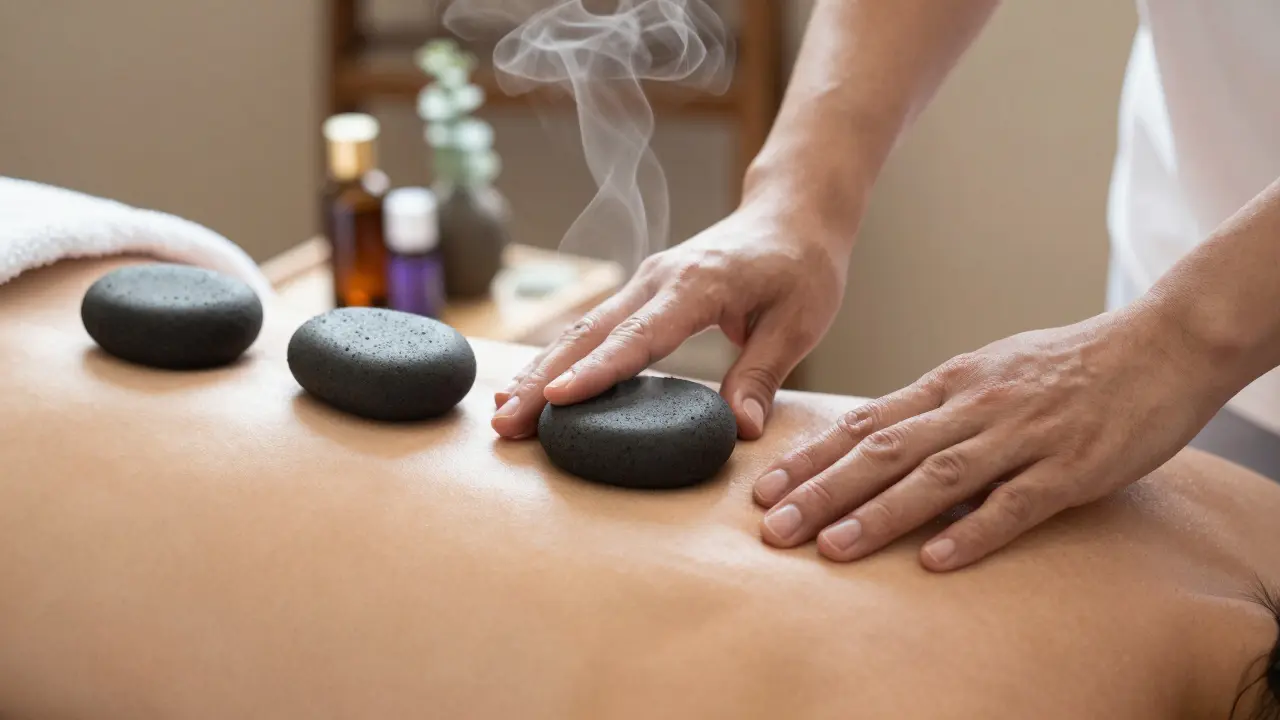 Therapist's hands placing warm stones on a back during a hot stone massage.