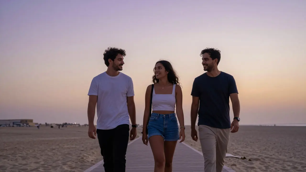 Three friends walking peacefully along a Dubai beach at dusk, enjoying each other's company without phones.