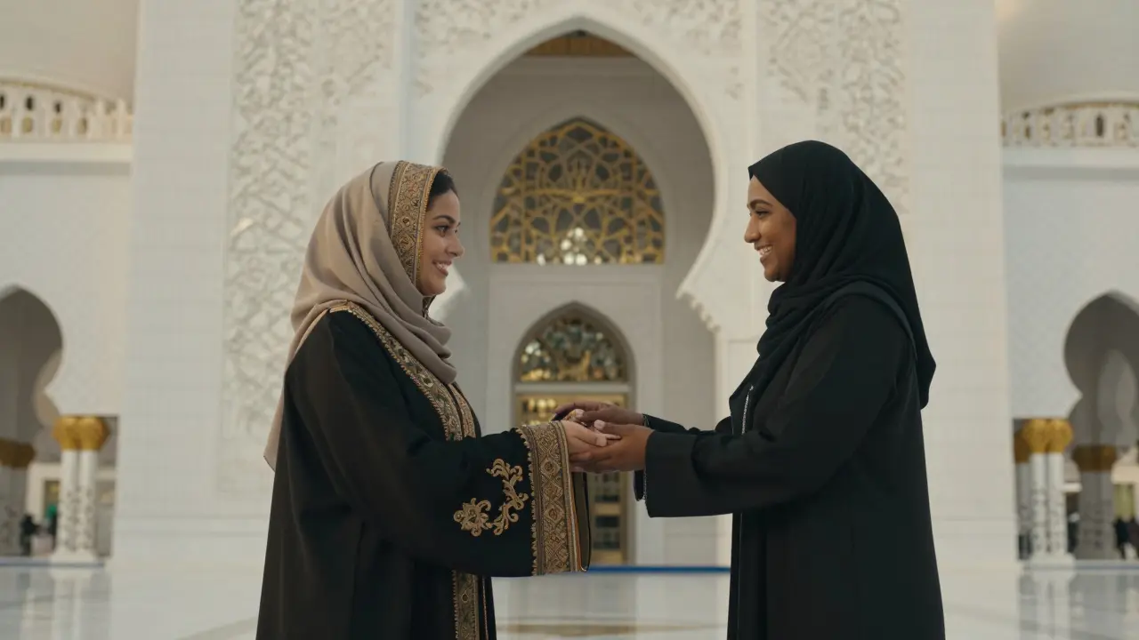 Tourist receiving a free abaya at Sheikh Zayed Grand Mosque entrance.