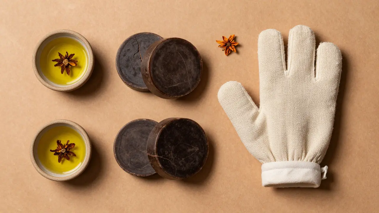 Traditional Hamam tools including black soap and scrubbing mitt arranged on stone