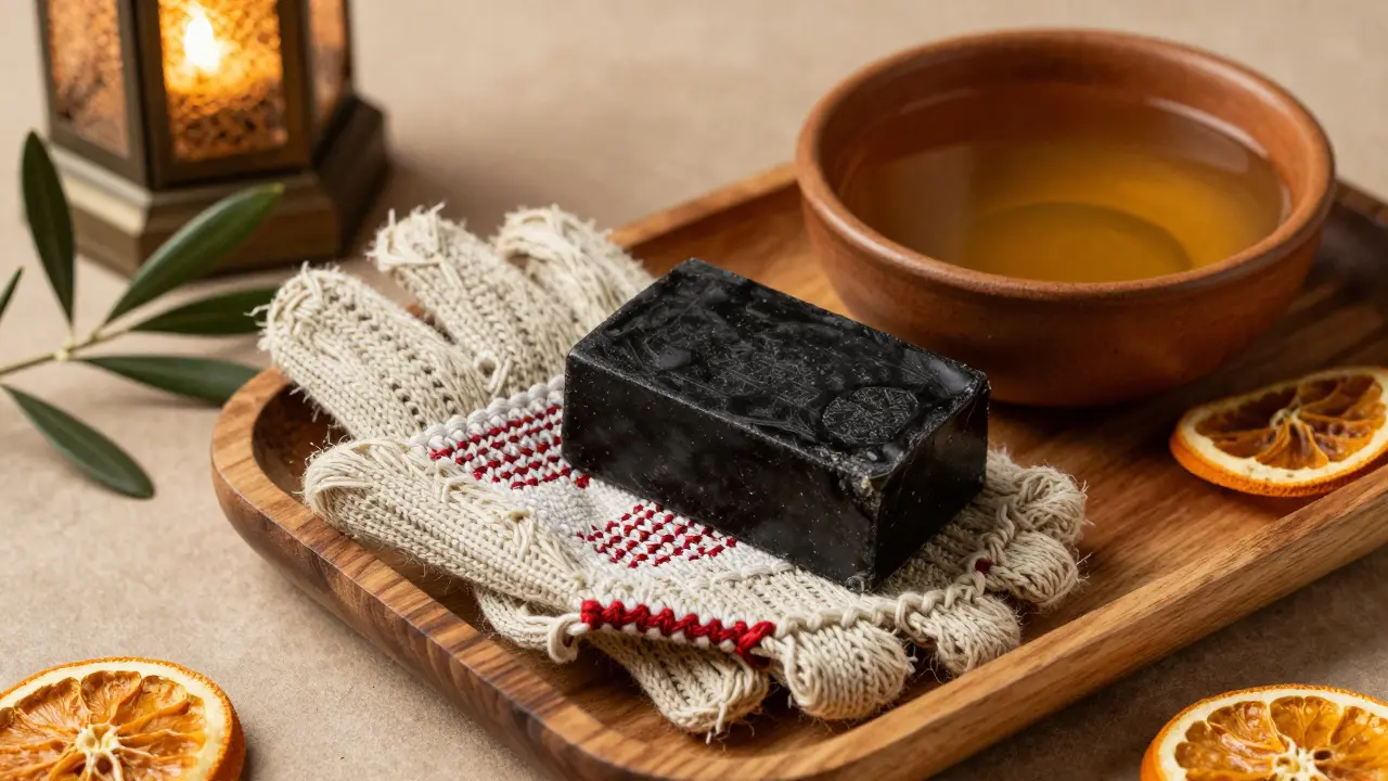 Traditional Moroccan black soap and kessa glove on a wooden tray with natural elements.