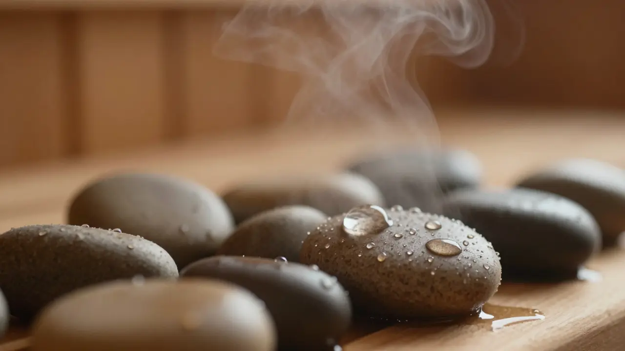 Water droplets rolling down heated sauna stones, steam rising softly in the background, detailed macro view.