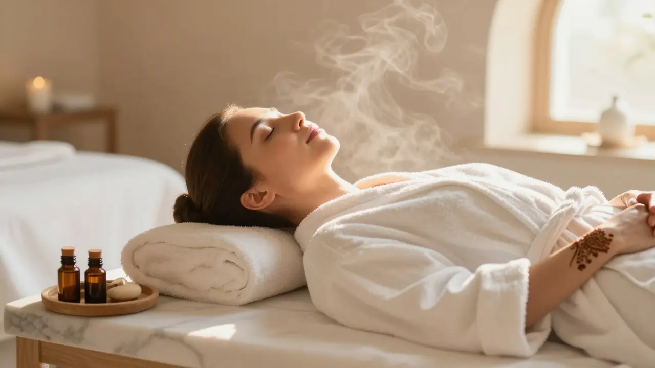 Woman relaxing peacefully after Moroccan bath treatment in spa