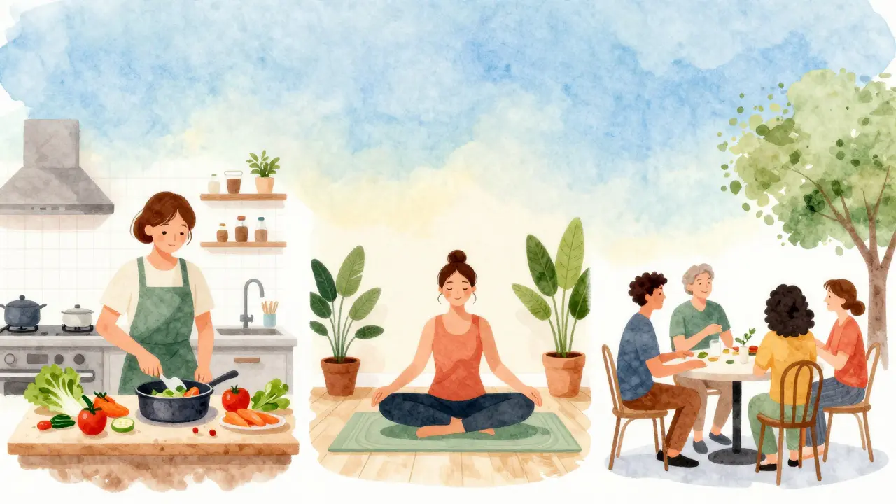 Diverse people practicing wellness activities in home and social settings