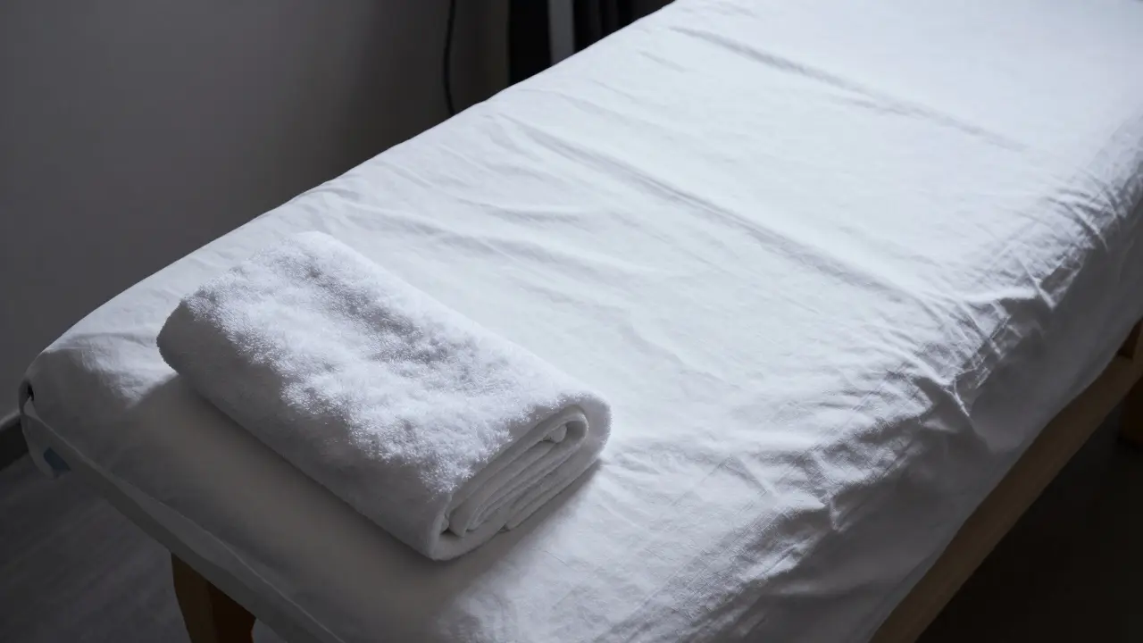 Professional massage table with white sheets arranged for privacy
