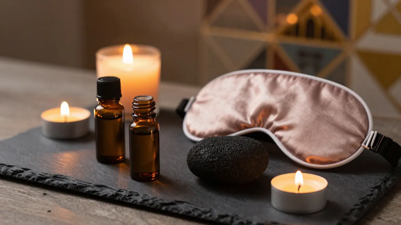 Tray of essential oils and hot stones for relaxation therapy